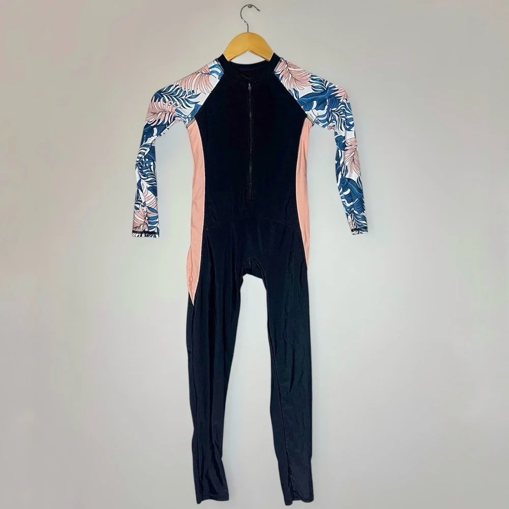 Floral Long Sleeve Long Pant Swimsuit Style Zip Up